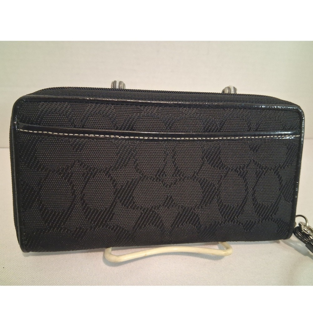 Coach Black Jacquard Signature Wristlet Zip Around Wallet Patent Leather Trim